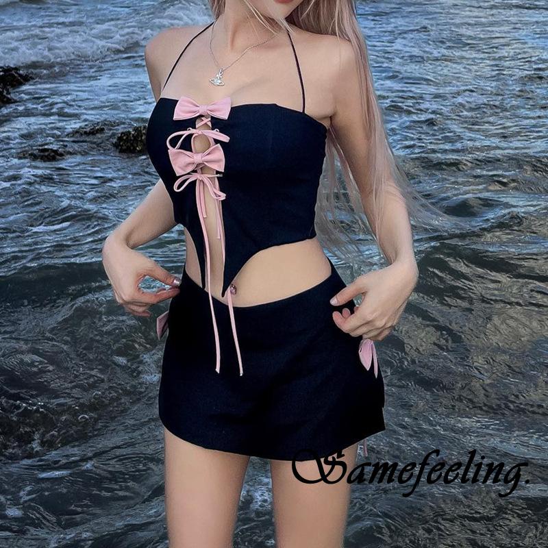 Sf Set Áo Cổ Yếm Cột Nơ Hở Lưng + Chân Váy Ngắn Xẻ Tà Thời Trang Mùa Hè Cho Nữ