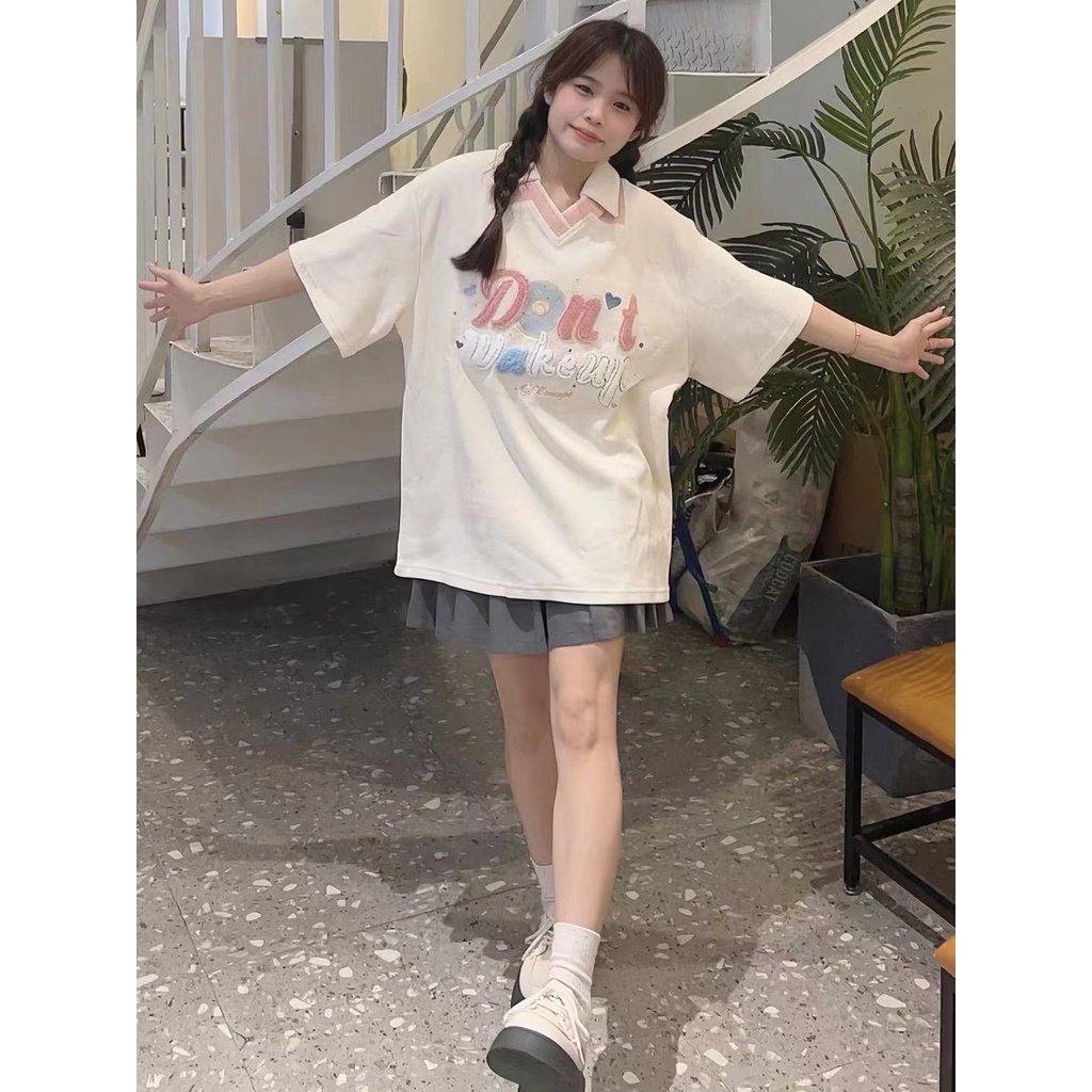 Áo polo Ngắn Tay Dáng Rộng Thêu Họa Tiết Thời Trang Mùa Hè Cho Nữ