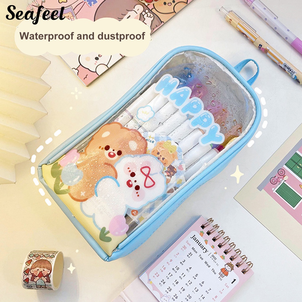 Túi Đựng Bút Chì Sức Chứa Lớn Trong Suốt In Họa Tiết Hoạt Hình Dễ Thương Có Khóa Kéo Cho Học Sinh