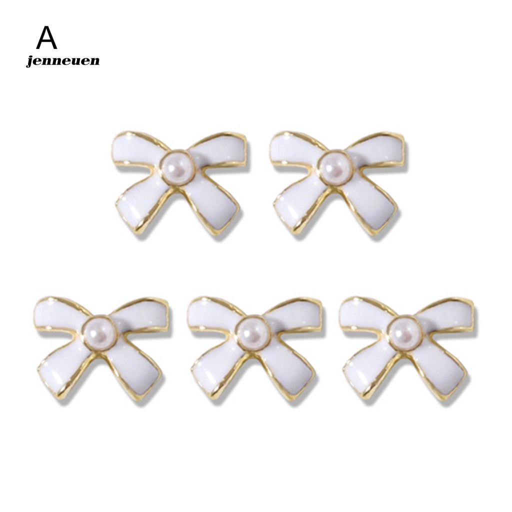 Set 5 Móng Tay Giả Bằng Kim Loại Đính Hạt Charm Nơ Trắng Đen Tự Nhiên Sáng Tạo