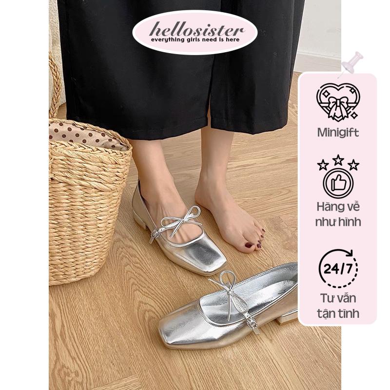 hellosister | Giày Búp Bê Màu Bạc Nơ Nhỏ Phong Cách Tiểu Thư