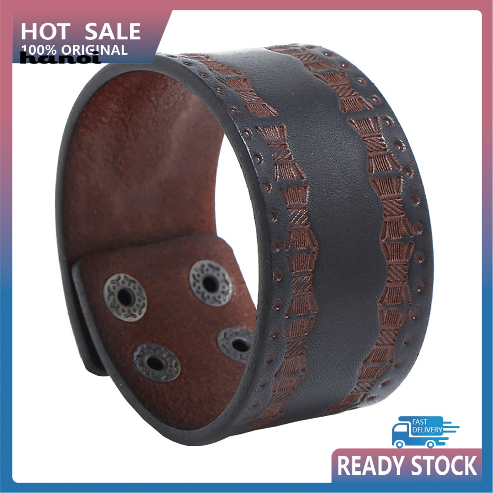 Vòng Tay Giả Da Bản Rộng Đính Nút Dập Nổi Vintage Cho Nam