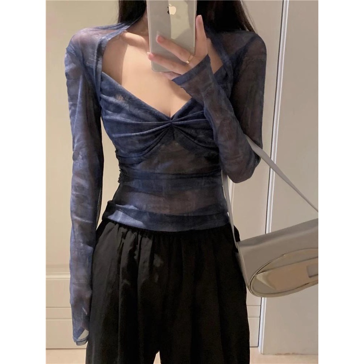 Milyfashion Áo Thun Tay Dài Chống Nắng Mỏng Cổ Chữ v Xuyên Thấu Ôm Dáng Mùa Hè Phong Cách Desire Cho Nữ