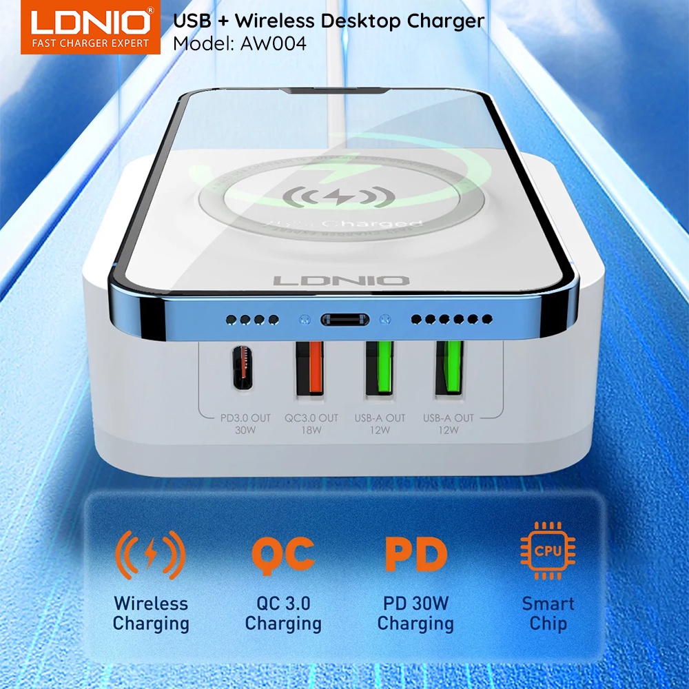 Bộ Sạc nhanh nhiều cổng sạc 32W Sạc Nhanh Không Dây 15W QC 3.0 18W & PD 20W Sạc Điện Thoại LDNIO AW0