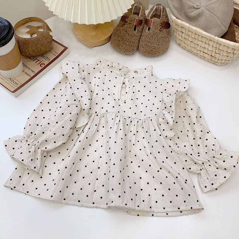 Áo Sơ Mi Cổ Đứng Lá Sen Họa Tiết Chấm Bi Phong Cách Hàn Quốc Thời Trang Mùa Thu 2023 Dành Cho Bé Gái