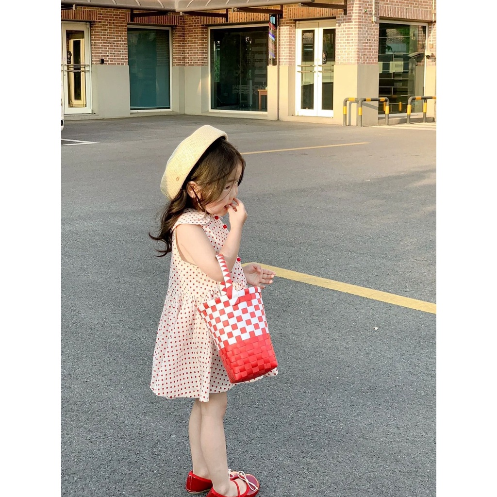 Đầm Hàn Quốc Cổ Búp Bê Họa Tiết Chấm Bi Dễ Thương Thời Trang Mùa Hè Cho Bé Gái