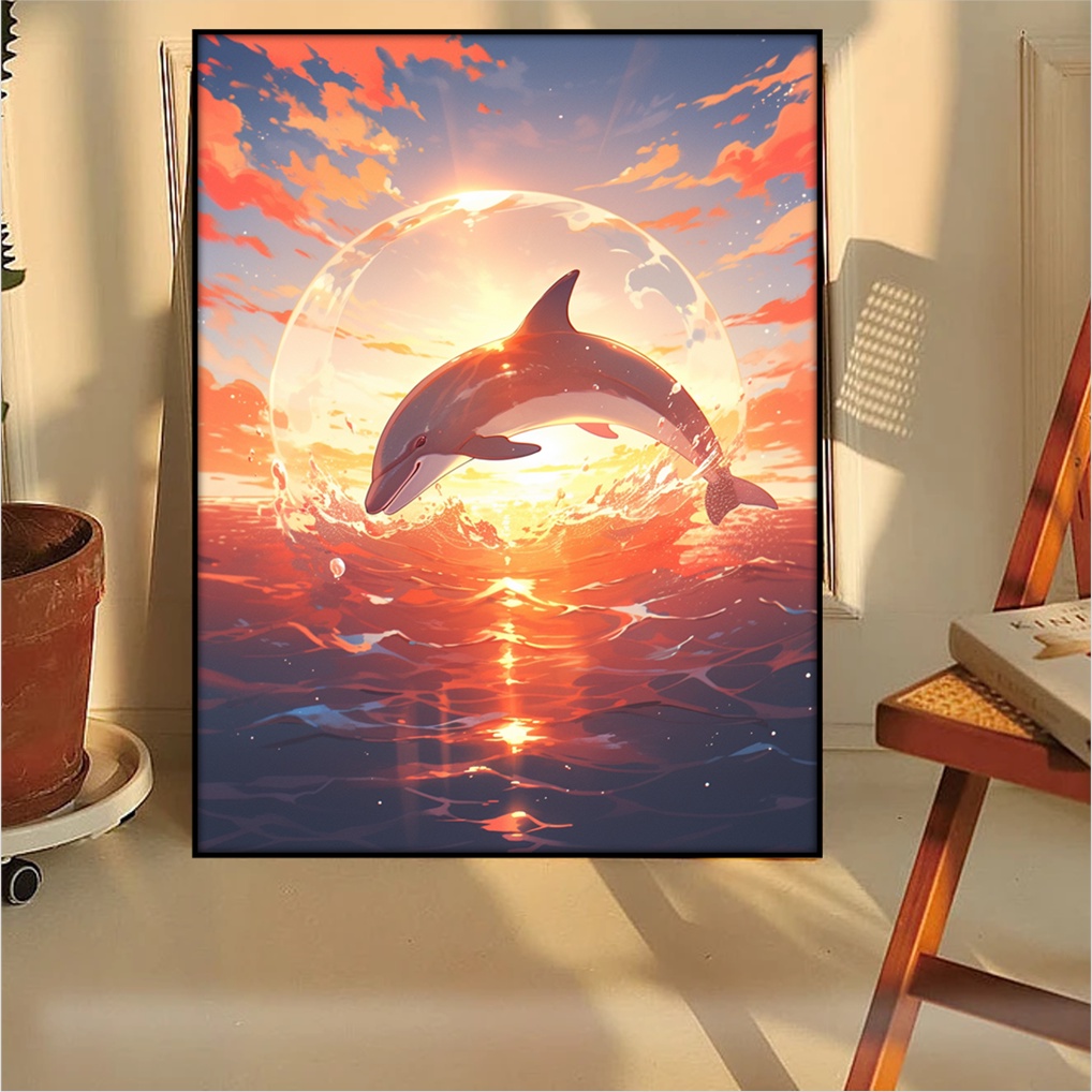 Nong Yang-30*40CM-Tô Màu Cá Heo Theo Số-thuyền buồm hoàng hôn-tranh tô màu theo số-trang tô màu theo số-tranh sơn dầu số hoá-tranh số hóa-tranh số-tranh vẽ theo số-tranh tô số-