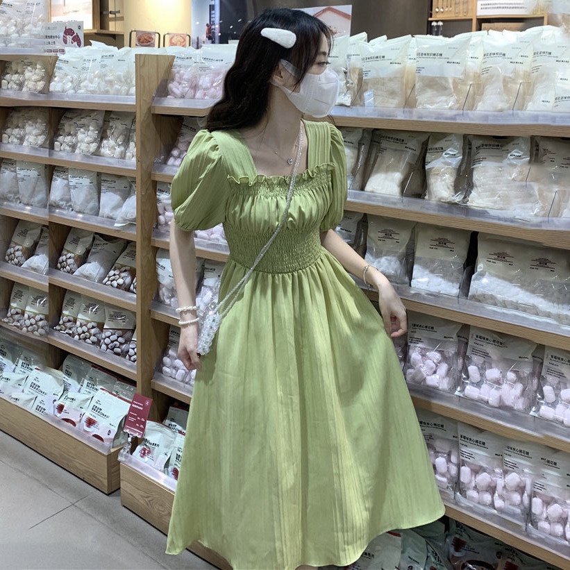 Đầm Chữ A Tay Ngắn Phồng Cổ Vuông In Hoa Thời Trang Mùa Hè Phong Cách Hàn Quốc Dành Cho Bạn Nữ