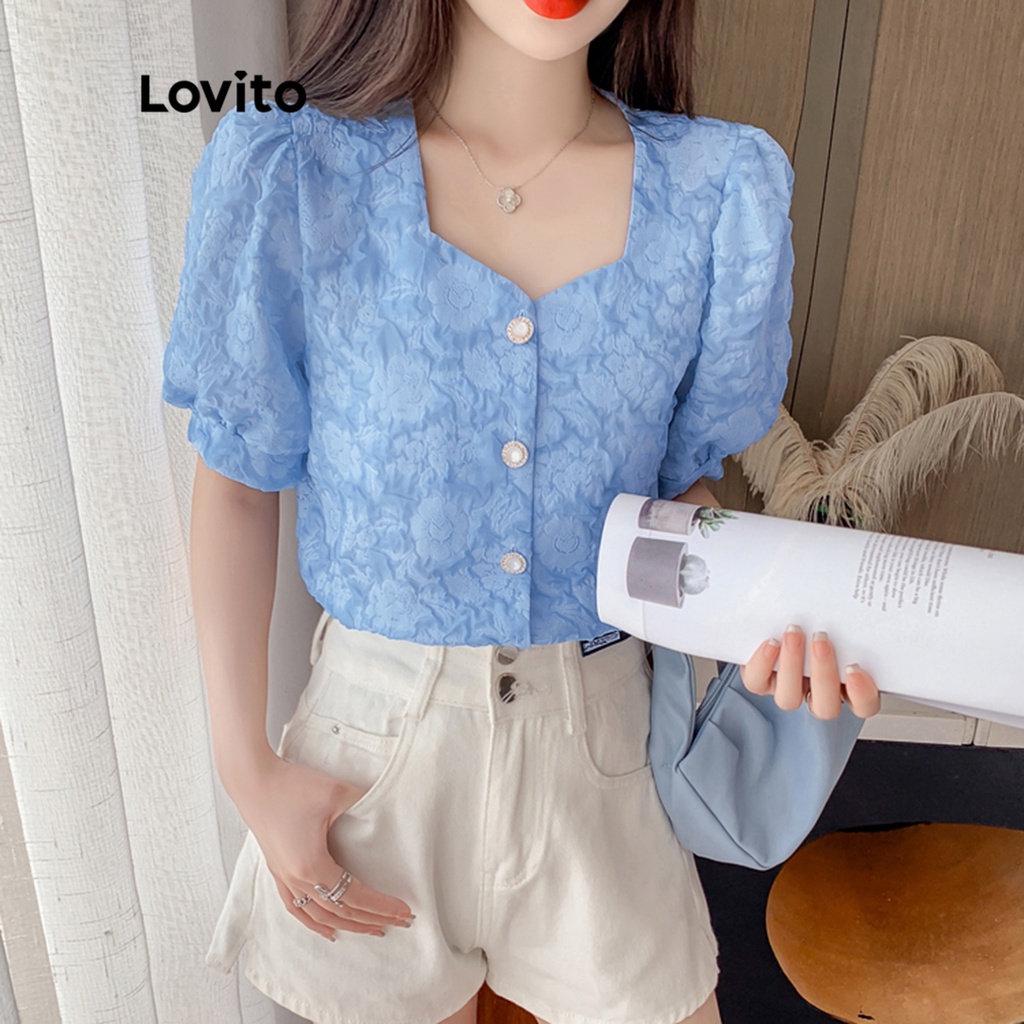 Áo nữ Lovito phối nút trước họa tiết hoa LNE11090