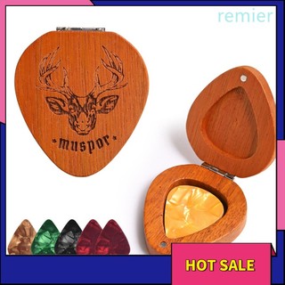 Re wood guitar pick holder pick-shaped guitar storage plectrum container display case with 5 pcs colorful guitar picks