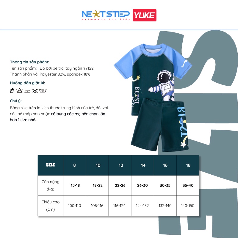 Đồ bơi bé trai, tay ngắn chất vải mềm mại, chống nắng họa tiết phi hành gia có size cho bé từ 15kg đến 40kg