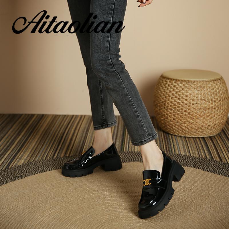 Giày Lười Da Bóng Đế Bằng 6cm Mũi Tròn Thời Trang Retro Anh Quốc Cho Nữ