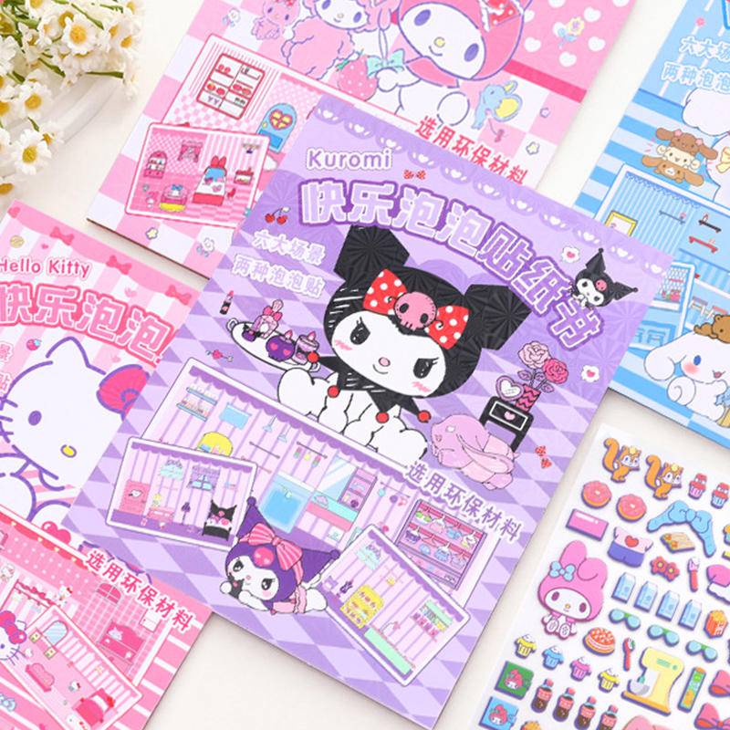Sanrio mymelody kuromi cinnamoroll cartoon cubic bubble sticker kitchen food themed handbook goo card sticker book toàn bộ trang trí cho trẻ em quà tặng ngày trẻ em