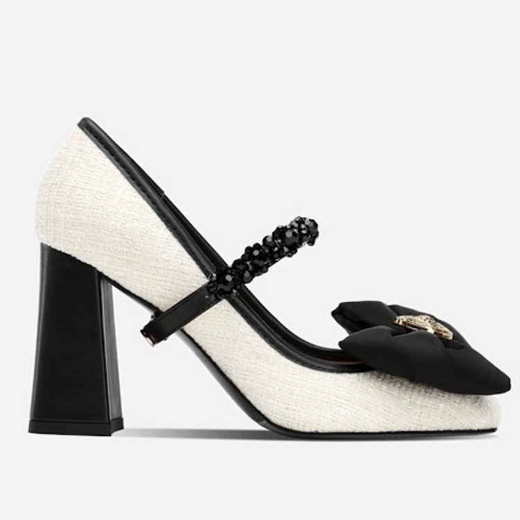 Giày Cao Gót Da PU Miệng Nông Đính Nơ Dễ Thương Cho Nữ