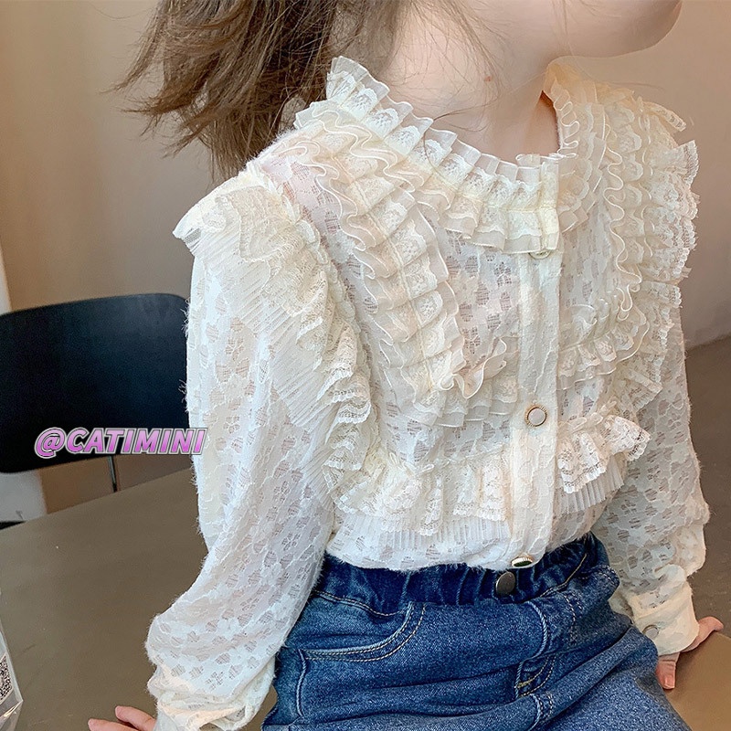 CATIMINI Áo Kiểu Phối Ren Giữ Ấm Phong Cách Hàn Quốc Thời Trang Cho Nữ