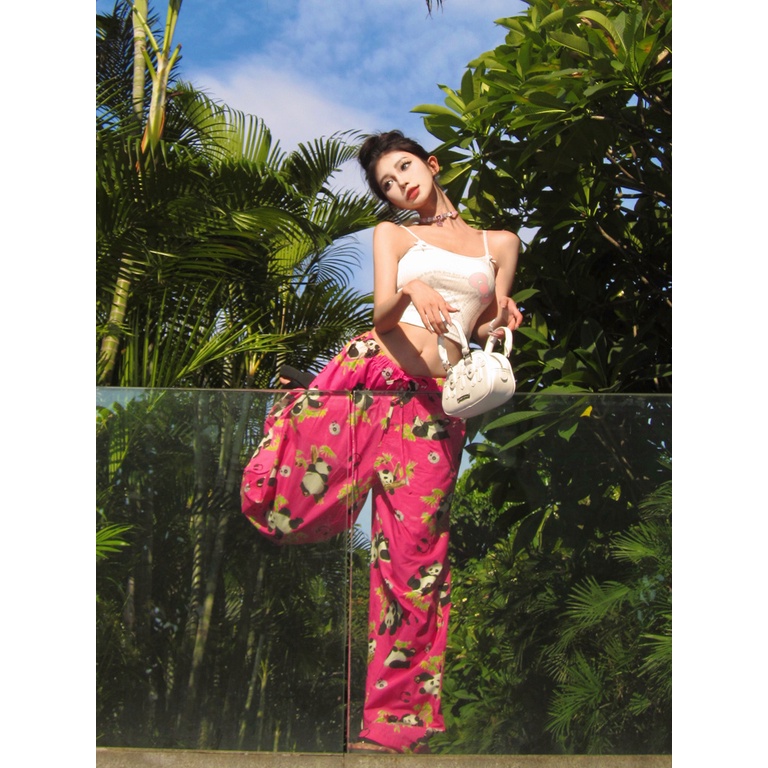 Quần Dài Thể Thao Ống Rộng Lưng Thun Rút Dây In Họa Tiết Hoạt Hình Thời Trang Mùa Hè Cho Nữ