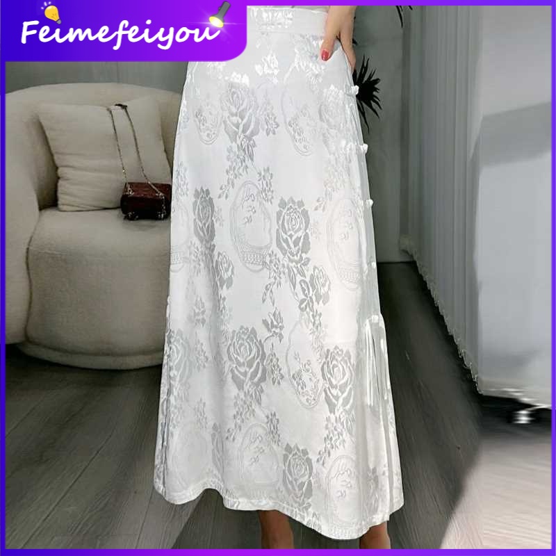 2023 phong cách trung quốc mới khóa cổ điển bên khe váy dài của phụ nữ tính khí váy jacquard váy trắng a-line