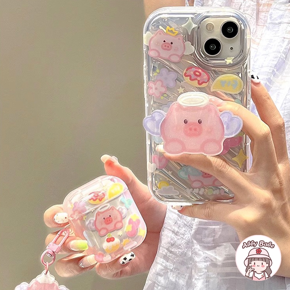 Vỏ iphone 14 pro max tpu Ốp điện thoại tpu mềm trong phim hoạt hình dễ thương thiên thần heo đất giá đỡ thẻ gương trang điểm trong suốt chống bụi bẩn tương thích cho iphone 12 11 pro max xs xr 7plus