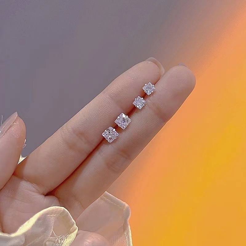 Set 6 Bông Tai Mạ Bạc 925 Hình Vuông Nhỏ Không Gây Dị Ứng