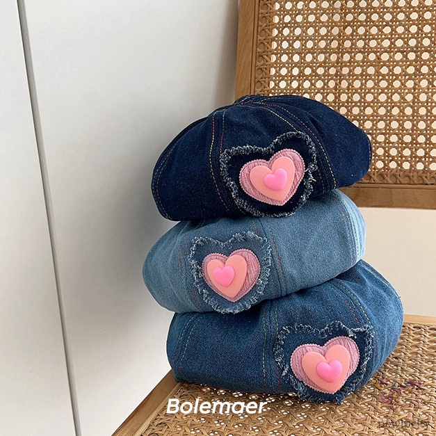 Trẻ em hàn quốc cô gái ngọt ngào mát mẻ tình yêu thiết kế trái tim mũ nồi denim ins style mũ