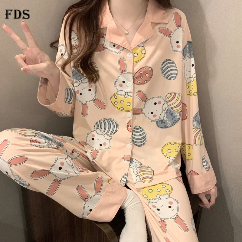 Bộ đồ mặc nhà 2 món FDS tay dài/quần dài rộng rãi thoải mái hình thỏ dễ thương size m-xxl thời trang thu đông cho nữ