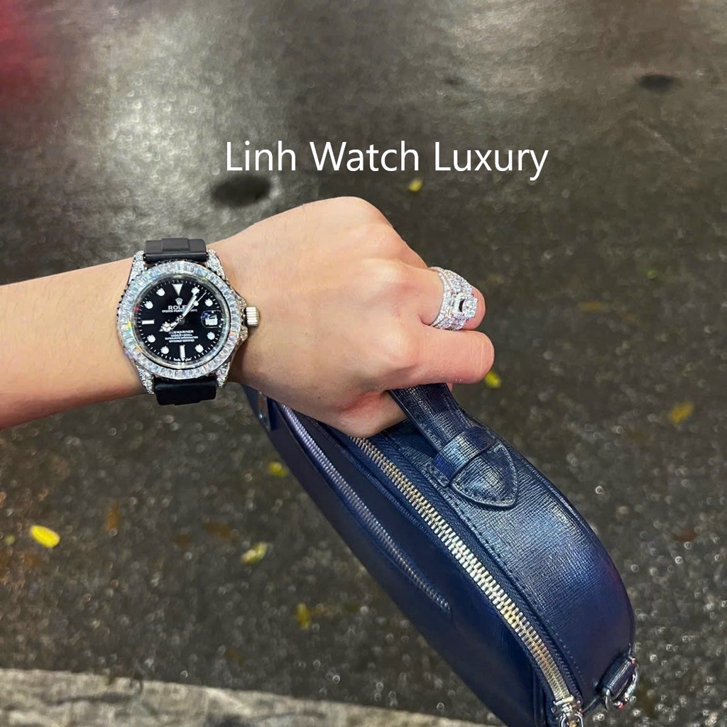 Đồng Hồ Nam R0lex Submariner viền đá CZ, Dây cao su, Máy cơ automatic, Hỗ trợ cót tay