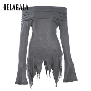 RelaGala Nữ Mới Màu Trơn Slim Street Thời Trang Tắt Vai Dây Áo Thun Dài Tay