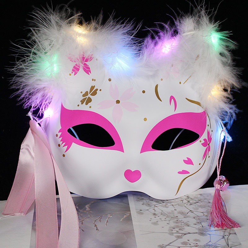 Mặt nạ mèo hóa trang Halloween phong cách Nhật Bản có đèn đẹp mặt nạ cáo nửa mặt