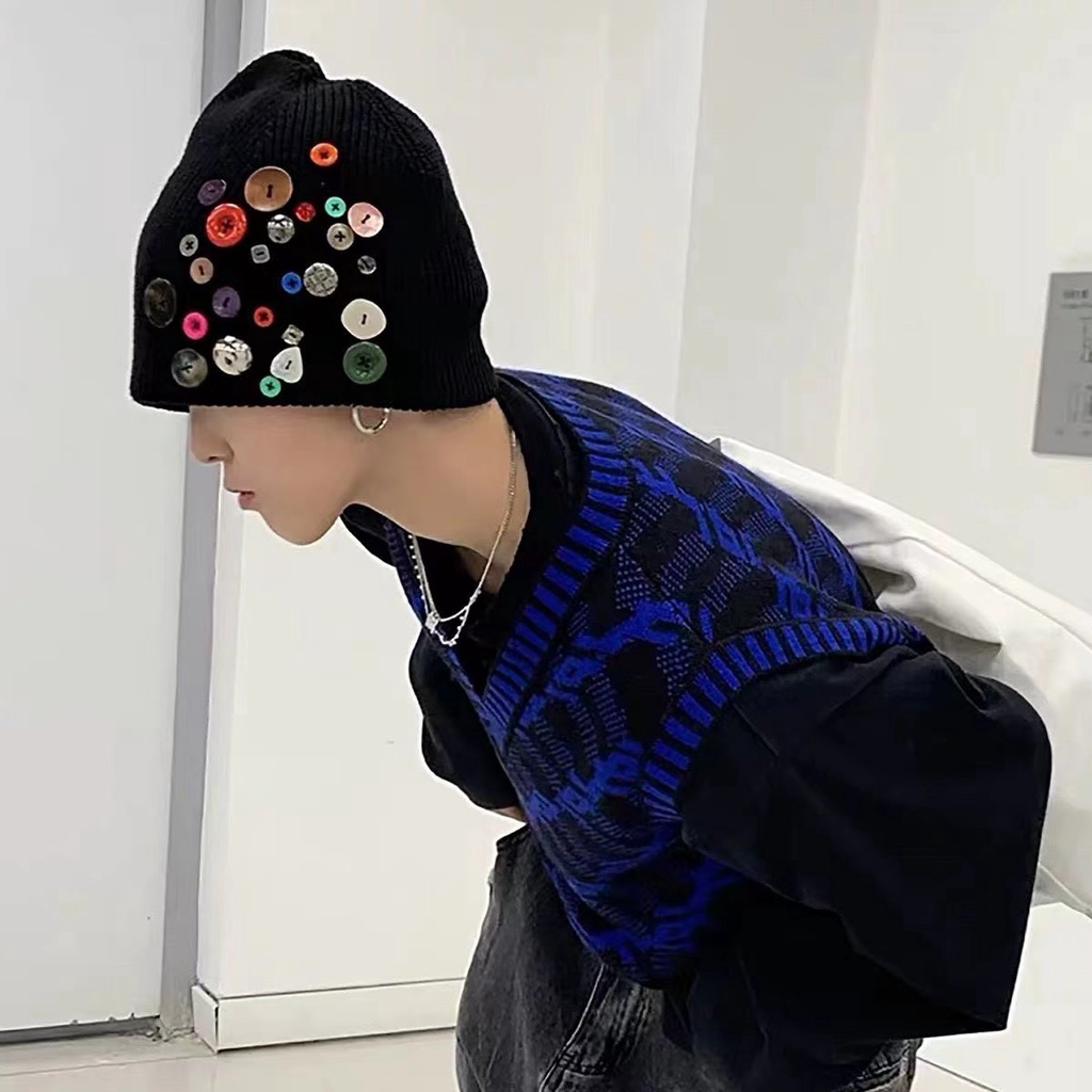 Mũ dệt kim nút đầy màu sắc thời trang phong cách hàn quốc