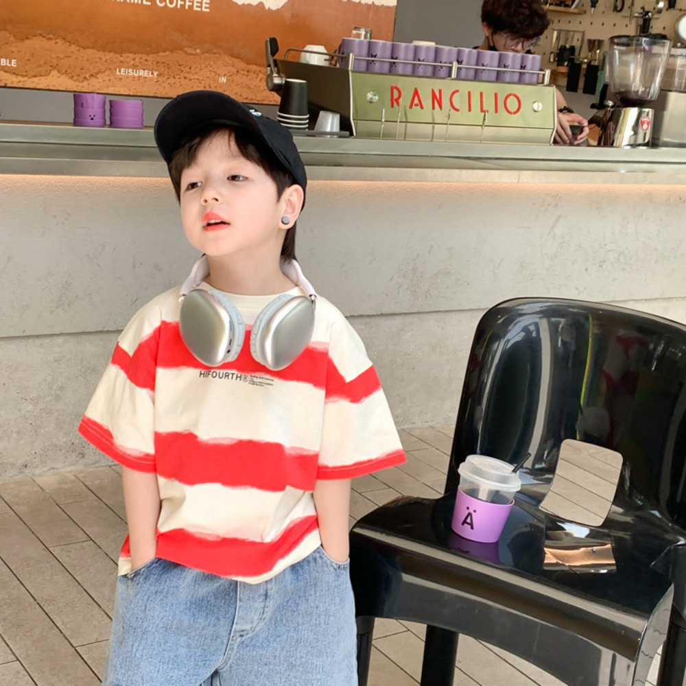 Áo sơ mi trẻ em bé trai và bé gái mẫu mùa hè đẹp trai sọc ngắn tay áo t-shirt chữ em bé in áo sơ mi đáy rời