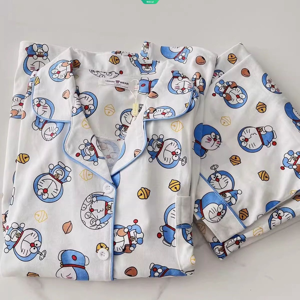 2023 spring and autumn ins style nhật bản doraemon in phong cách hàn quốc thời trang nữ đồ ngủ nữ ngọt ngào dài-tay dài quần dài hai mảnh đồ ngủ mặc nhà