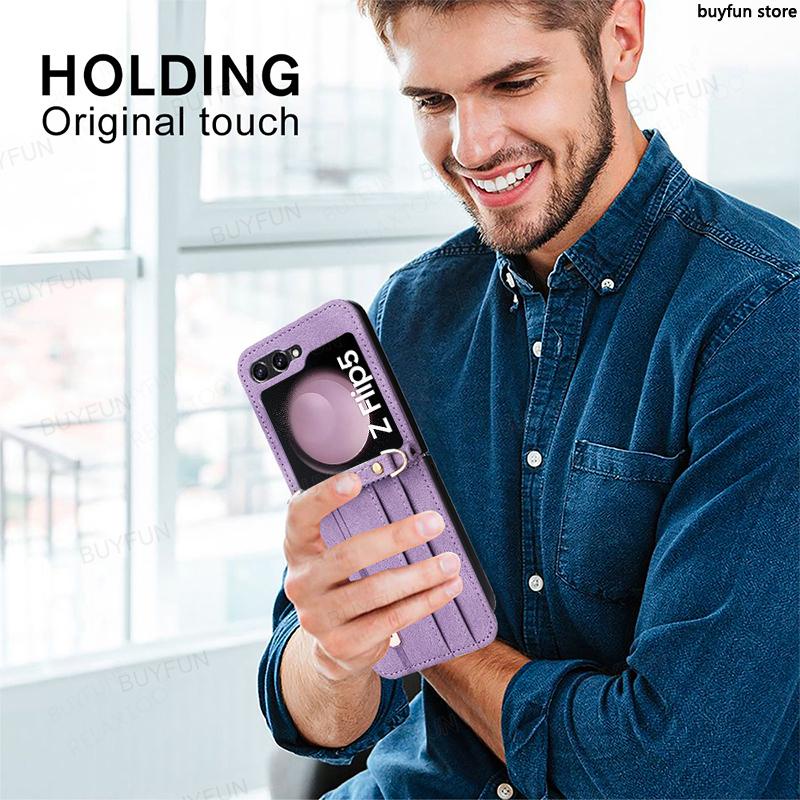 Shockproof Card Slot Leather Case for Samsung Galaxy Z Flip 5 5G zflip5 Anti-Scratch Protective Phone Cover with Lanyard