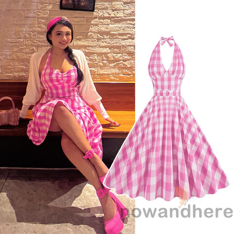 Now-barbie màu hồng mùa hè giản dị kẻ sọc màu hồng không tay hở lưng dây cổ a-line váy cho phụ nữ