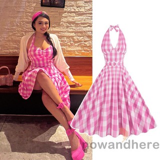 Now-barbie Hồng Mùa Hè Kẻ Sọc Màu Hồng Không Tay Mở Lưng Dây Cổ Chữ A Đầm Cho Nữ
