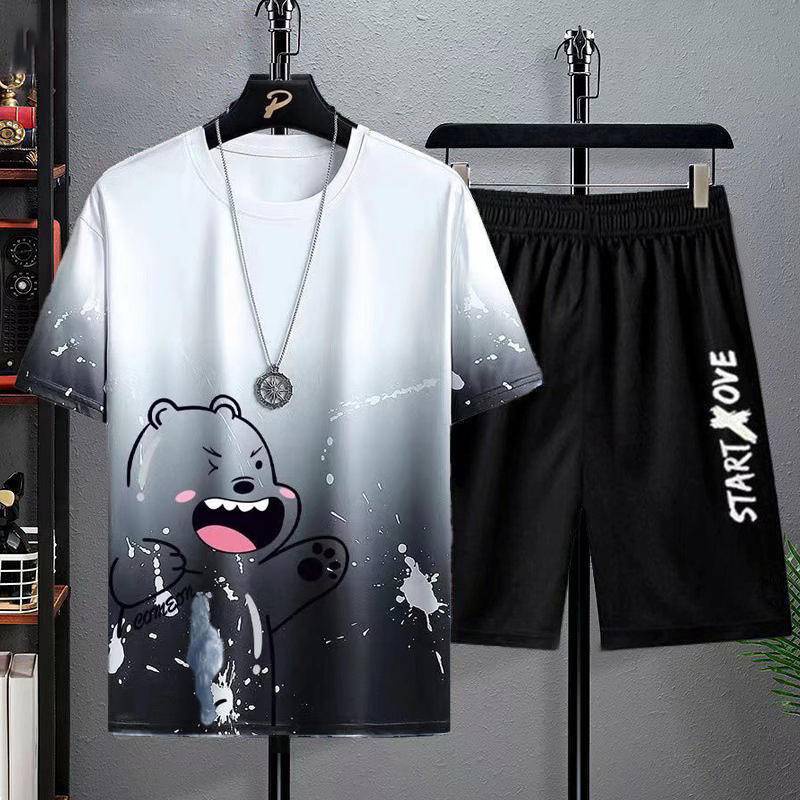 【luckin men's】bộ đồ，áo thun nam đẹp+quần đùi nam，áo thun unisex，áo phông，thời trang nam，áo trắng，quần short nam，Mới nhanh khô băng lụa gradient set nam ngắn tay áo t-shirt mùa hè quần short giản dị thể thao hai mảnh bộ đồ nam đẹp trai，áo local b