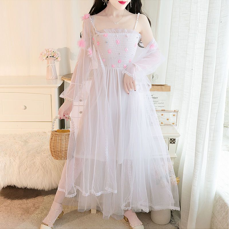 Set Đầm Hoa Hai Dây + Áo Khoác cardigan Chống Nắng Thời Trang Mùa Hè Cho Nữ