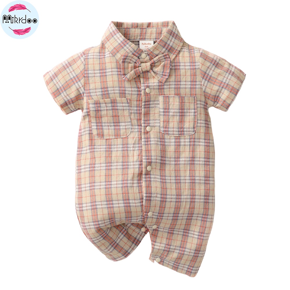 Sơ sinh baby boy gentlemen's bodysuit turn-down tay ngắn kẻ sọc romper Áo liền quần quần áo dự tiệc hàng ngày