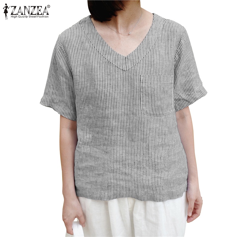 Zanzea phụ nữ hàn quốc túi trước v-cổ ngắn tay áo sọc in áo