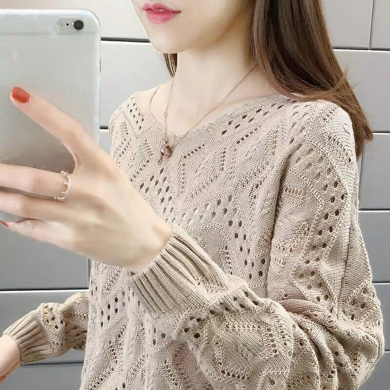 Áo len rỗng của phụ nữ mùa xuân và mùa thu mới áo len chui đầu v-cổ rộng dài tay áo len mỏng