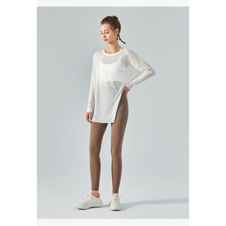 Fit.her blouse phụ nữ một bên tách dài tay áo yoga phụ nữ mùa hè nhẹ thể thao áo rời chạy thể dục quần áo