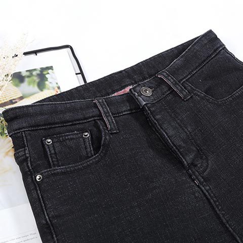 Women's high-waisted fleece jeans blue / black stretch quần cắt