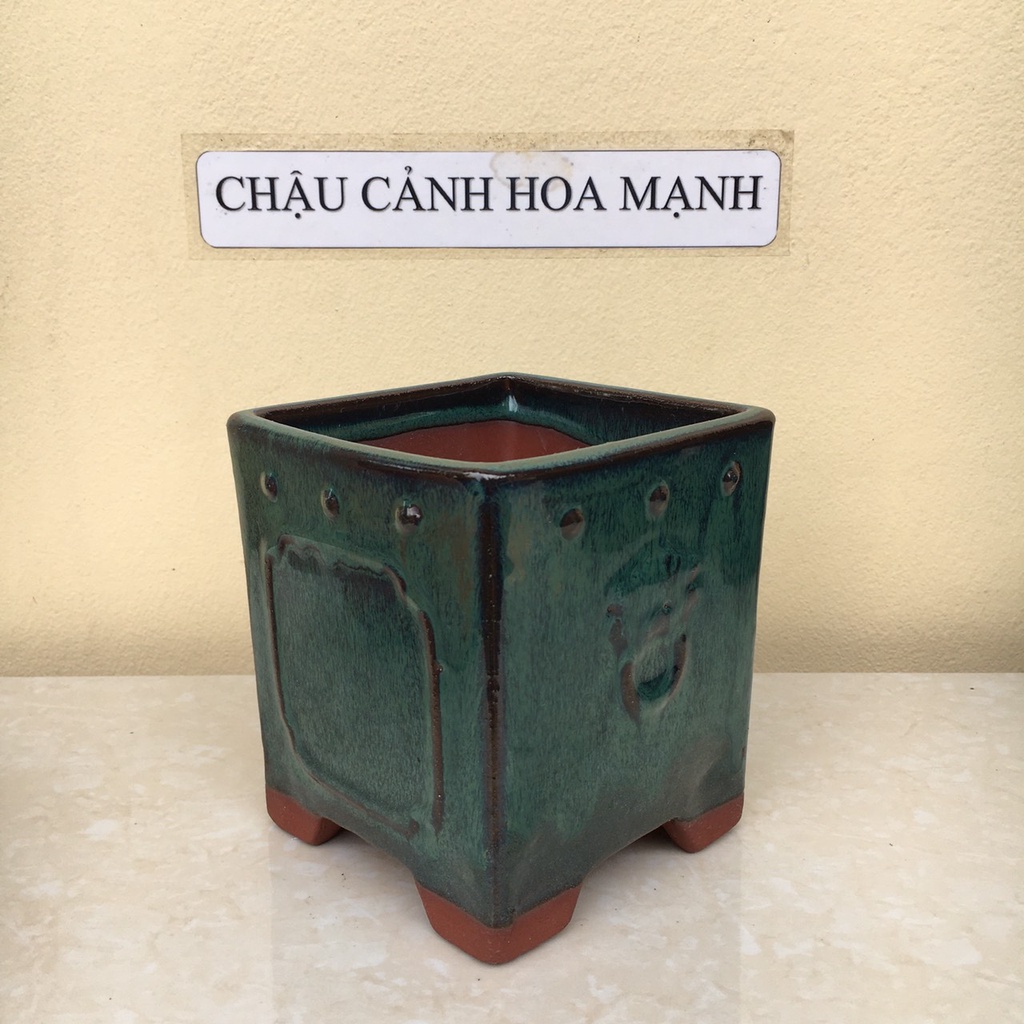 Chậu Vuông đứng bợm chấm bi bonsai sen đá mini men hoả biến gốm Bát Tràng