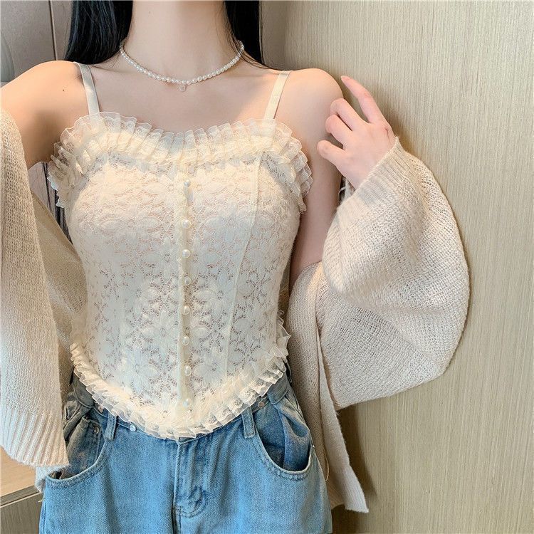 Ren sling phụ nữ mỏng hơn nhìn bên ngoài mặc bên trong phong cách mong muốn tinh khiết sexy hot girl áo vest ngắn
