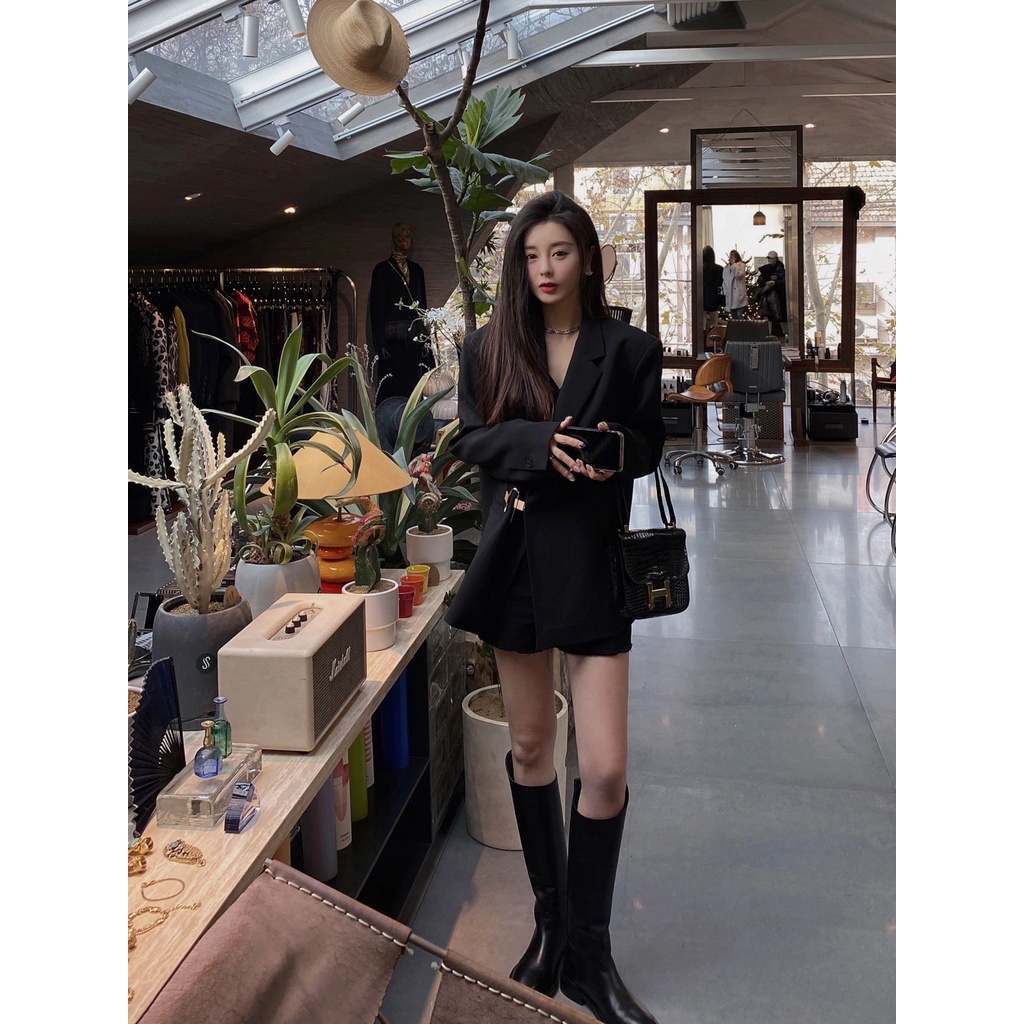 Áo khoác vest dài tay màu đen thường ngày rộng rãi nữ mùa thu 2023 mẫu mới phong cách Hàn Quốc khí chất thời trang