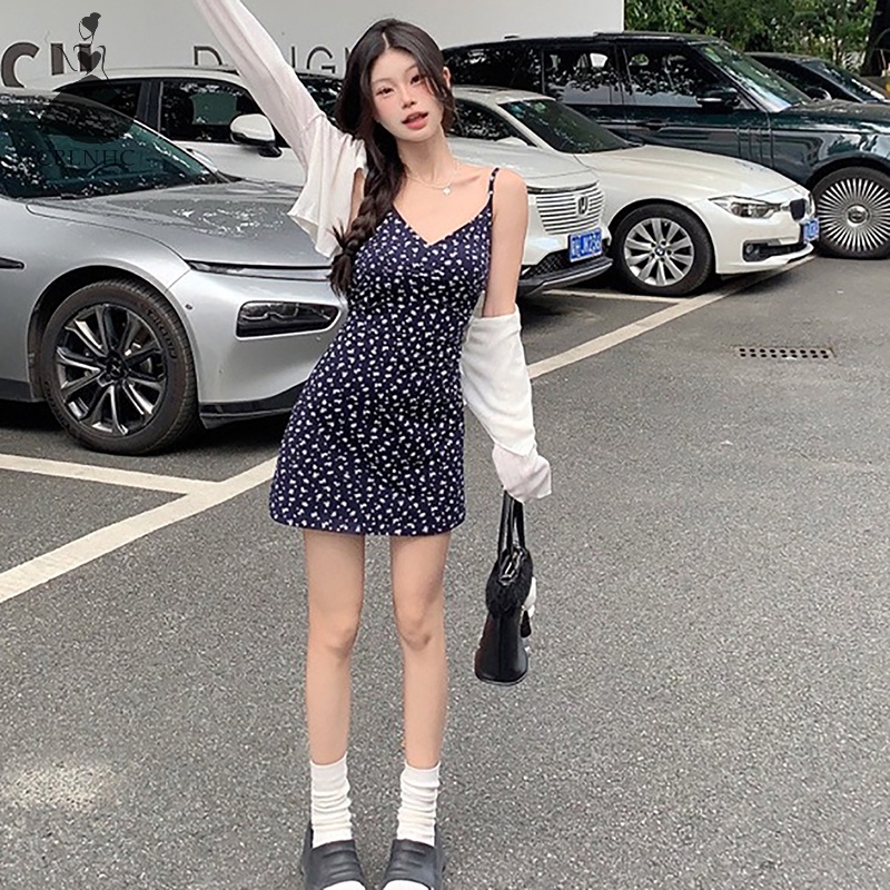 Crlnhc vintage floral sling dress phụ nữ mỏng không tay v-cổ váy mini mùa hè vn