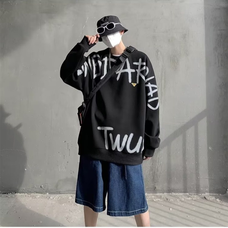 Áo sweater SINRANSINYA cổ tròn in chữ phong cách đường phố Mỹ thời trang cho nam