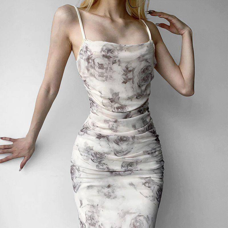 Iamthicc phong cách trung quốc mới hoa hồng kiểu pháp sling dress nữ tính khí lady xếp ly slim-fit xẻ tà váy