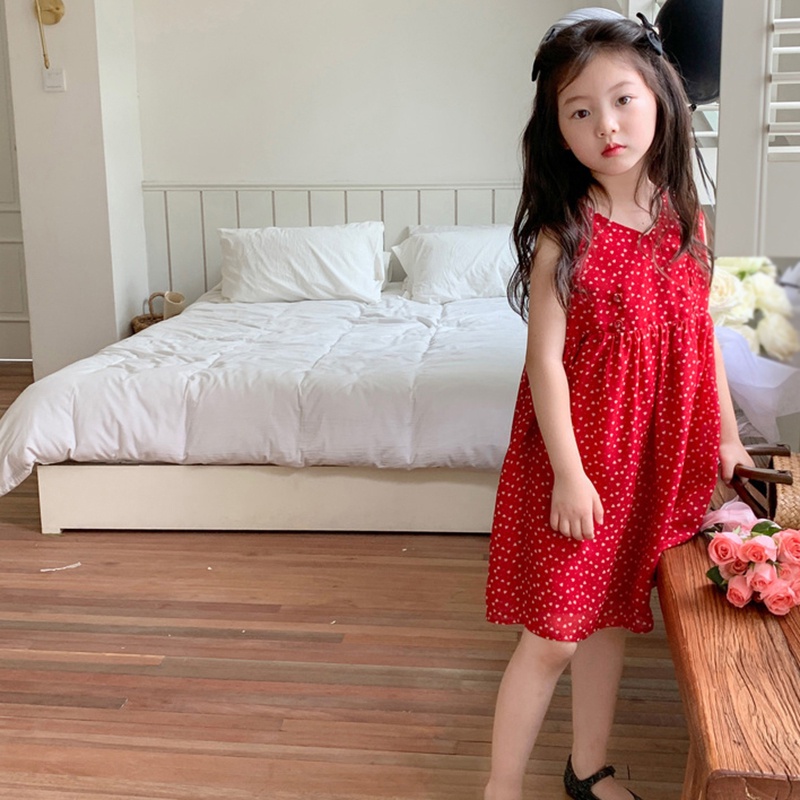 Váy bé gái phiên bản hàn quốc mùa hè v-cổ không tay váy vest chấm bi