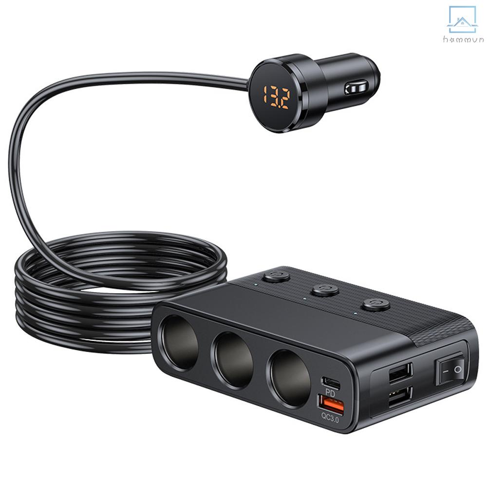 Bộ sạc ô tô 128w pd + qc3.0 bộ chuyển đổi sạc nhanh 3-socket power splitter 12-24v với 4 cổng usb công tắc bật-tắt màn hình volatge cho xe tải suv #homm