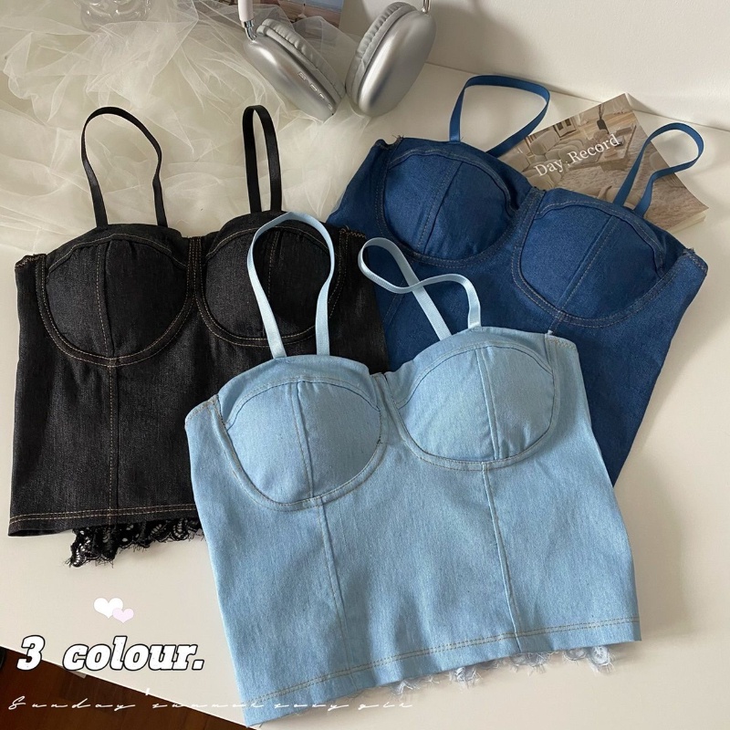 Mở lưng áo tăng treo denim với đệm ngực cho phụ nữ, thiết kế mặc bên trong và bên ngoài mùa hè, áo mỏng